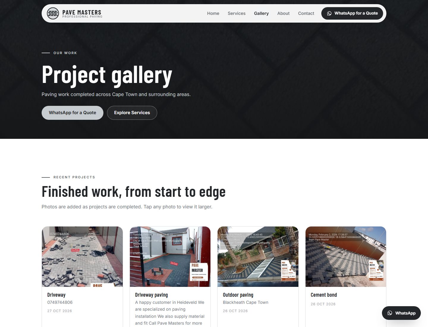 The Pave Masters project gallery page with photos of completed paving work