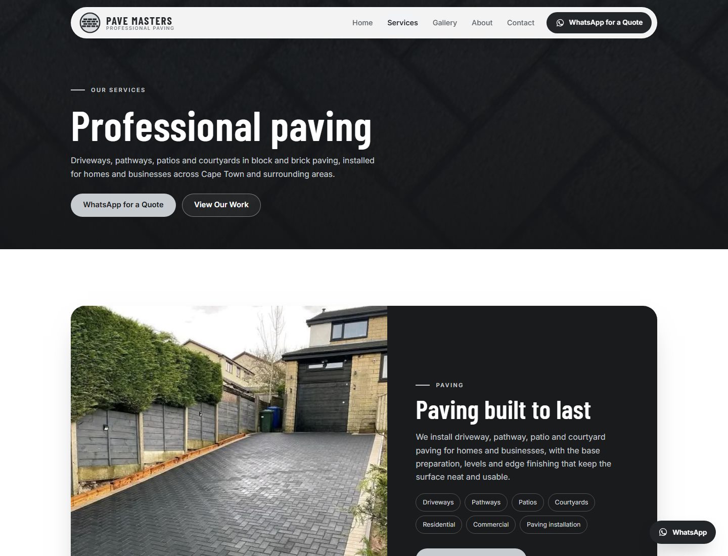 The Pave Masters services page, showing paving details and service tags